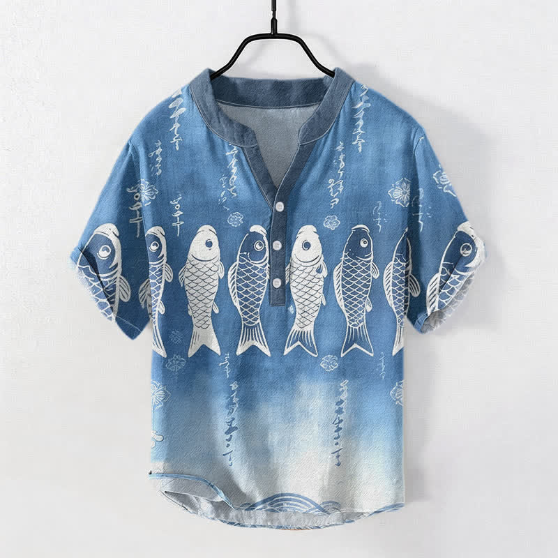 Buddha Stones Cotton Koi Fish Emblem Men's Short Sleeve Half Button Shirt - SteelBlue - US/UK/AU50，EU60 (5XL) - image 0