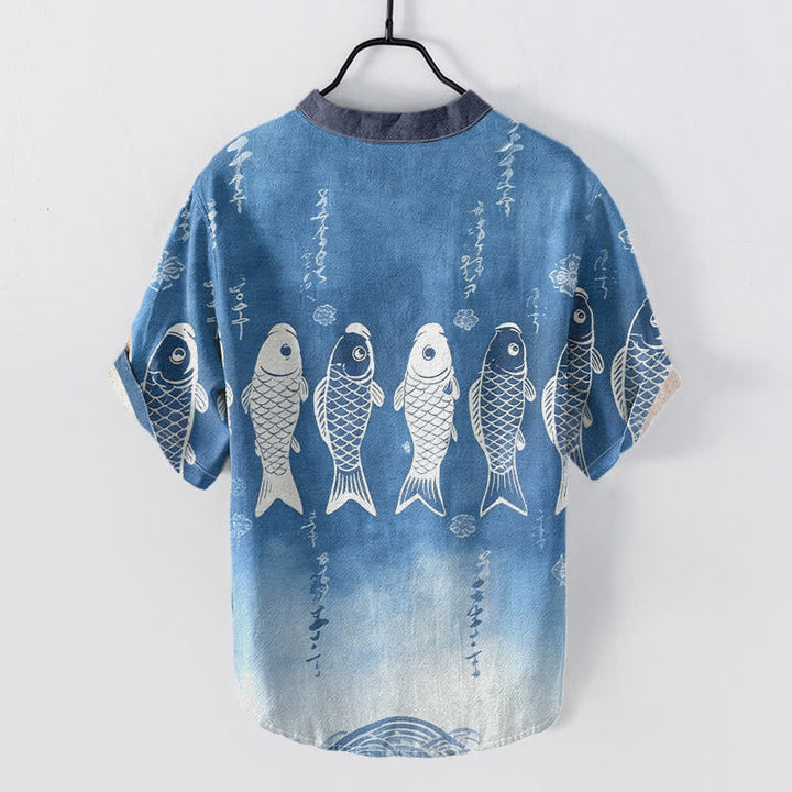 Buddha Stones Cotton Koi Fish Emblem Men's Short Sleeve Half Button Shirt - image 1