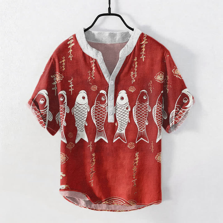 Buddha Stones Cotton Koi Fish Emblem Men's Short Sleeve Half Button Shirt - FireBrick - US/UK/AU50，EU60 (5XL) - image 3