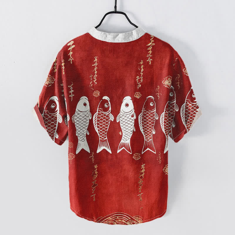 Buddha Stones Cotton Koi Fish Emblem Men's Short Sleeve Half Button Shirt - image 4