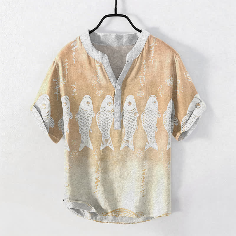 Buddha Stones Cotton Koi Fish Emblem Men's Short Sleeve Half Button Shirt - BlanchedAlmond - US/UK/AU50，EU60 (5XL) - image 5