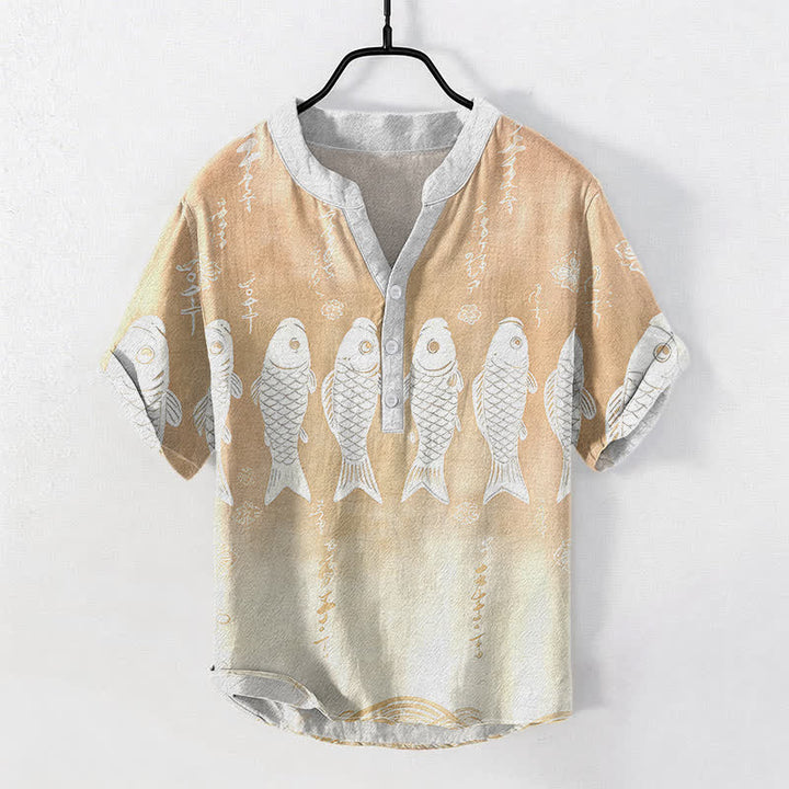 Buddha Stones Cotton Koi Fish Emblem Men's Short Sleeve Half Button Shirt - BlanchedAlmond - US/UK/AU50，EU60 (5XL) - image 5