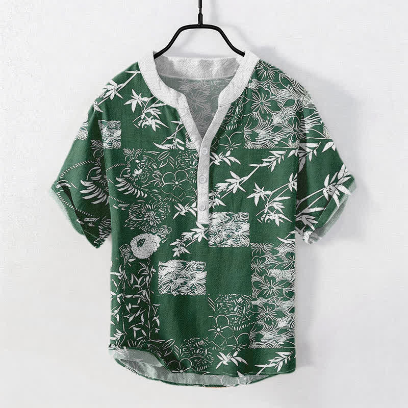 Buddha Stones Cotton Bamboo Plum Emblem Men's Short Sleeve Half Button Shirt - DarkGreen - US/UK/AU50，EU60 (5XL) - image 0