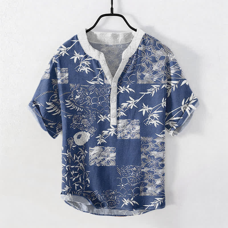 Buddha Stones Cotton Bamboo Plum Emblem Men's Short Sleeve Half Button Shirt - SteelBlue - US/UK/AU50，EU60 (5XL) - image 3