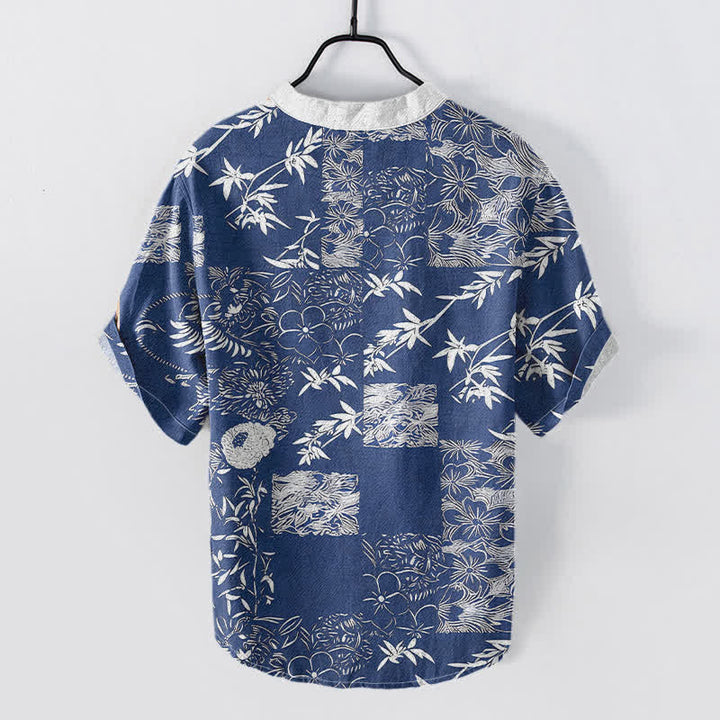 Buddha Stones Cotton Bamboo Plum Emblem Men's Short Sleeve Half Button Shirt - image 4