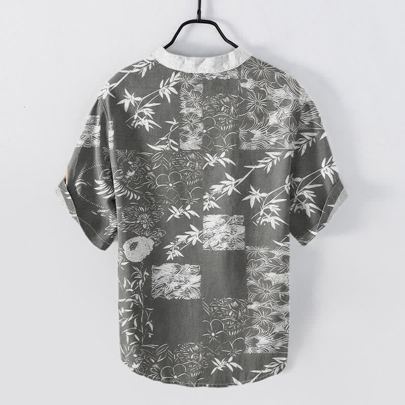 Buddha Stones Cotton Bamboo Plum Emblem Men's Short Sleeve Half Button Shirt - image 6