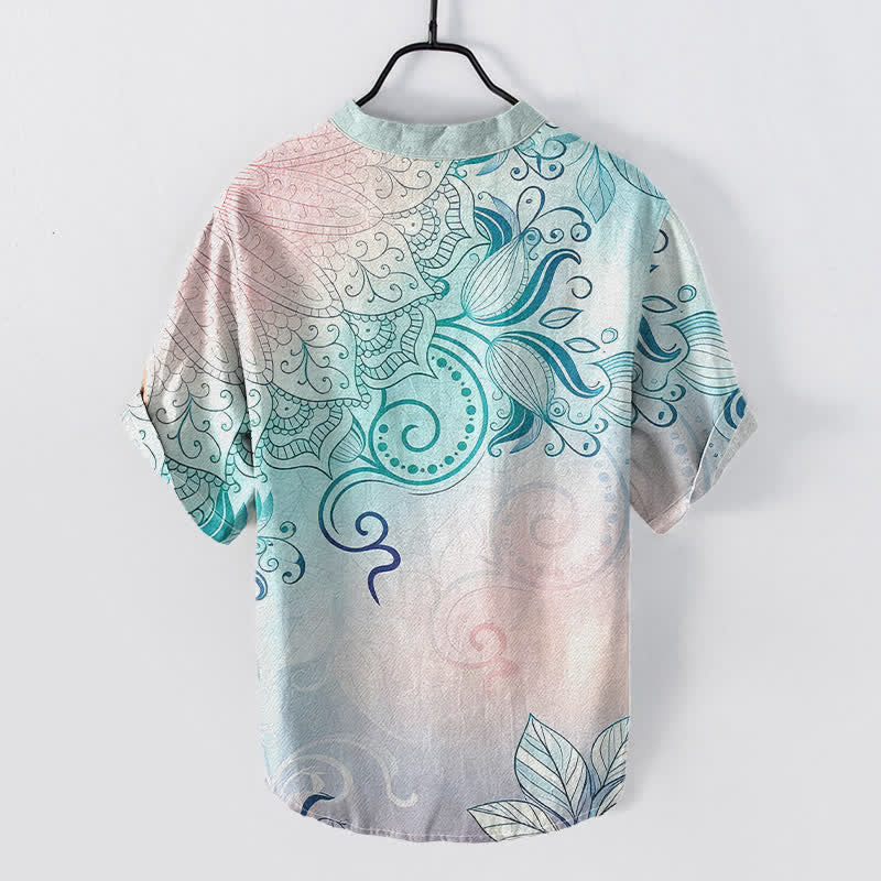 Buddha Stones Cotton Mandala Floral Emblem Men's Short Sleeve Half Button Shirt - image 1