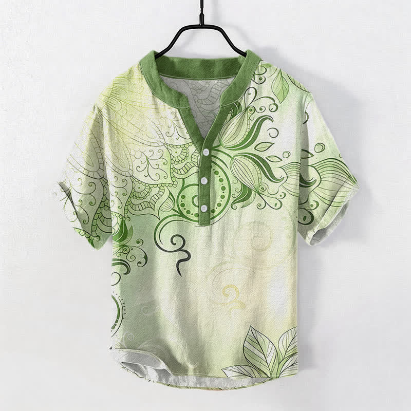 Buddha Stones Cotton Mandala Floral Emblem Men's Short Sleeve Half Button Shirt - YellowGreen - US/UK/AU50，EU60 (5XL) - image 3