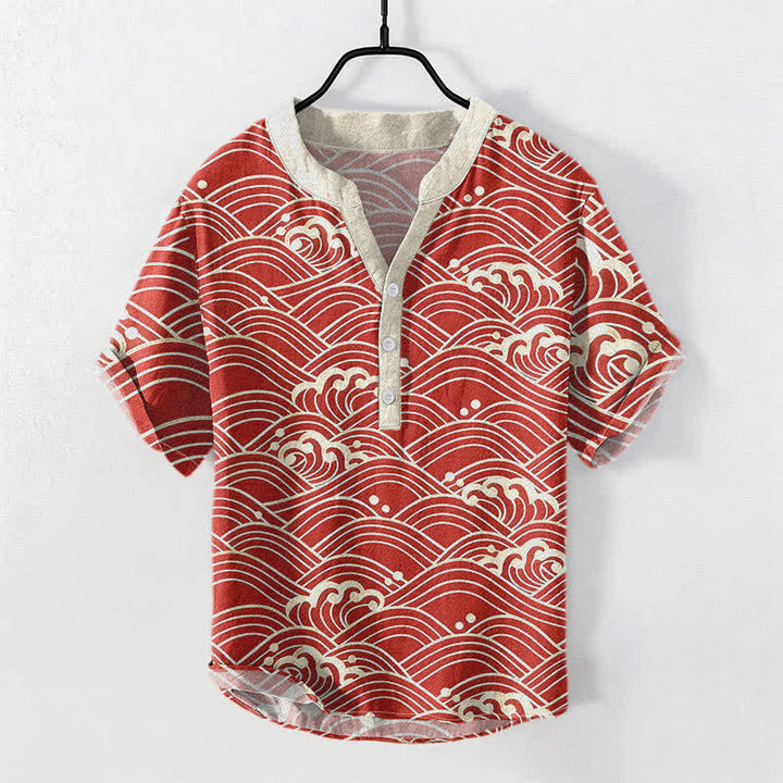 Buddha Stones Cotton Wave Emblem Men's Short Sleeve Half Button Shirt - FireBrick - US/UK/AU50，EU60 (5XL) - image 3