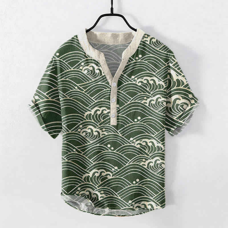 Buddha Stones Cotton Wave Emblem Men's Short Sleeve Half Button Shirt - SeaGreen - US/UK/AU50，EU60 (5XL) - image 5