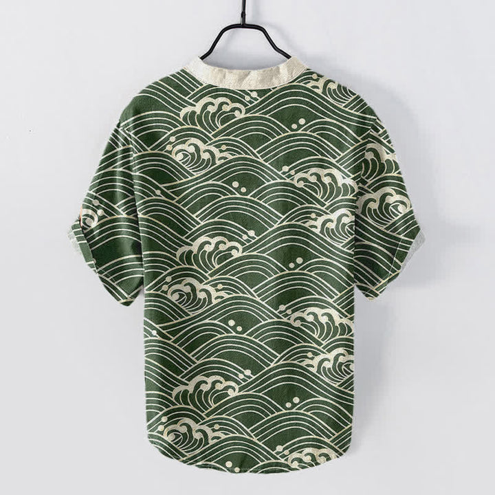 Buddha Stones Cotton Wave Emblem Men's Short Sleeve Half Button Shirt - image 6