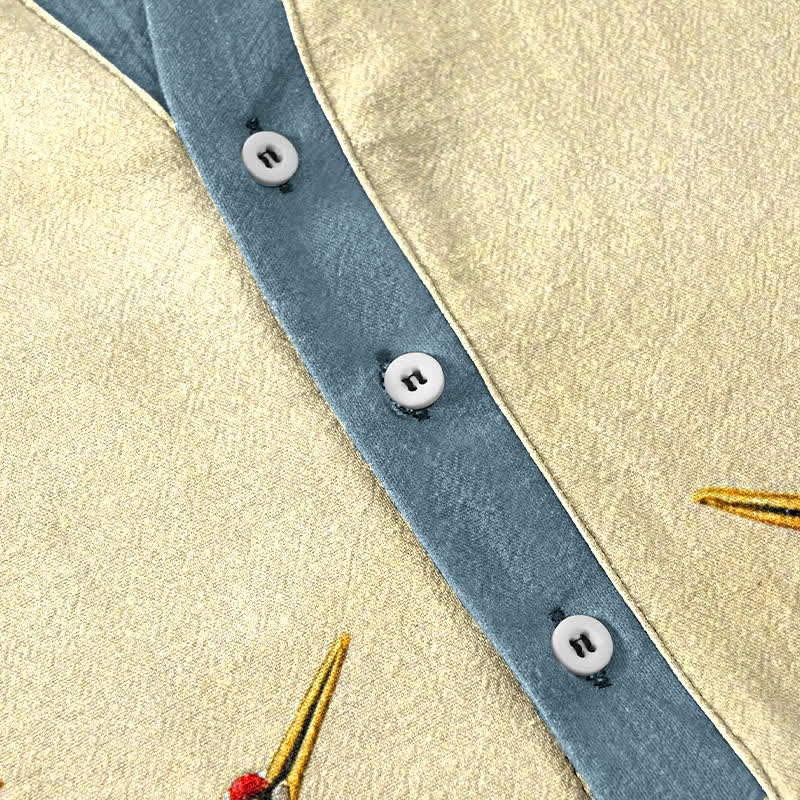 Buddha Stones Cotton Crane Wave Emblem Men's Short Sleeve Half Button Shirt - image 3