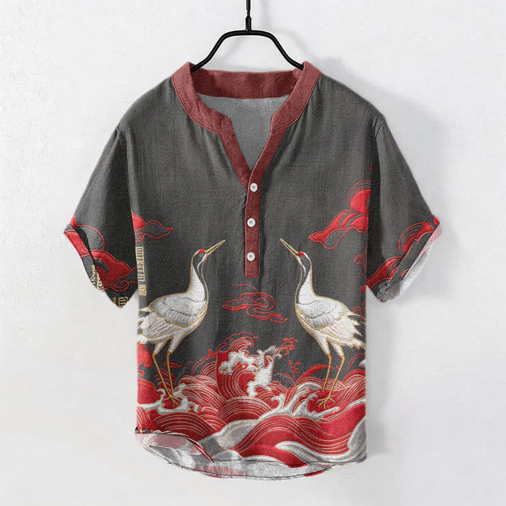 Buddha Stones Cotton Crane Wave Emblem Men's Short Sleeve Half Button Shirt - Black - US/UK/AU50，EU60 (5XL) - image 4