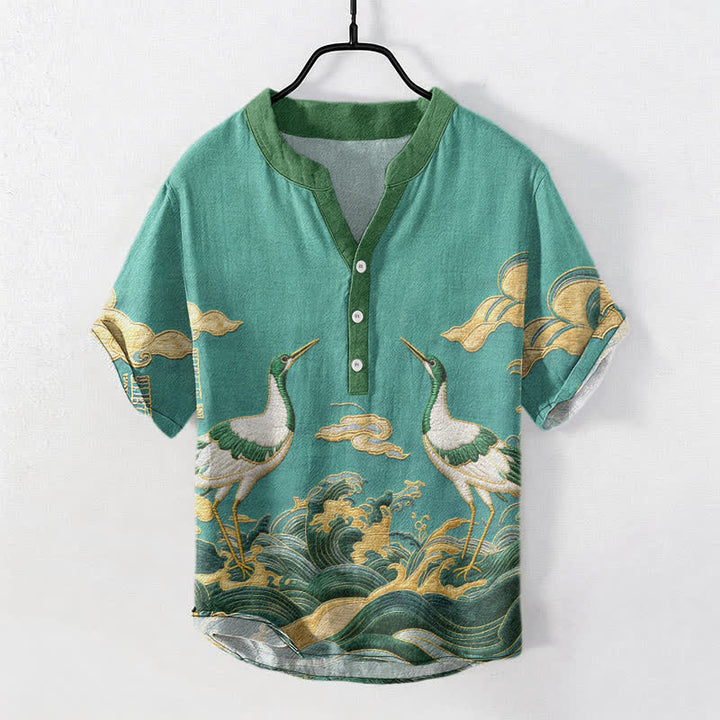 Buddha Stones Cotton Crane Wave Emblem Men's Short Sleeve Half Button Shirt - MediumTurquoise - US/UK/AU50，EU60 (5XL) - image 6