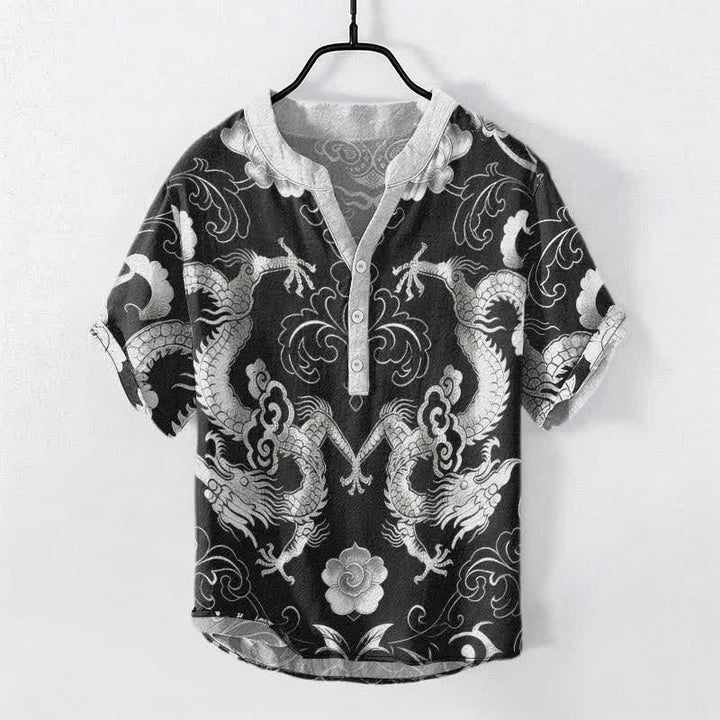 Buddha Stones Cotton Dragon Cloud Emblem Men's Short Sleeve Half Button Shirt - DarkGray - US/UK/AU50，EU60 (5XL) - image 7