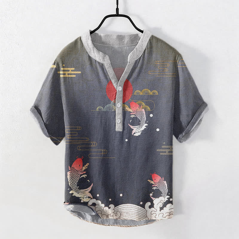 Buddha Stones Cotton Koi Fish Red Sun Cloud Emblem Men's Short Sleeve Half Button Shirt - DimGray - US/UK/AU50，EU60 (5XL) - image 0