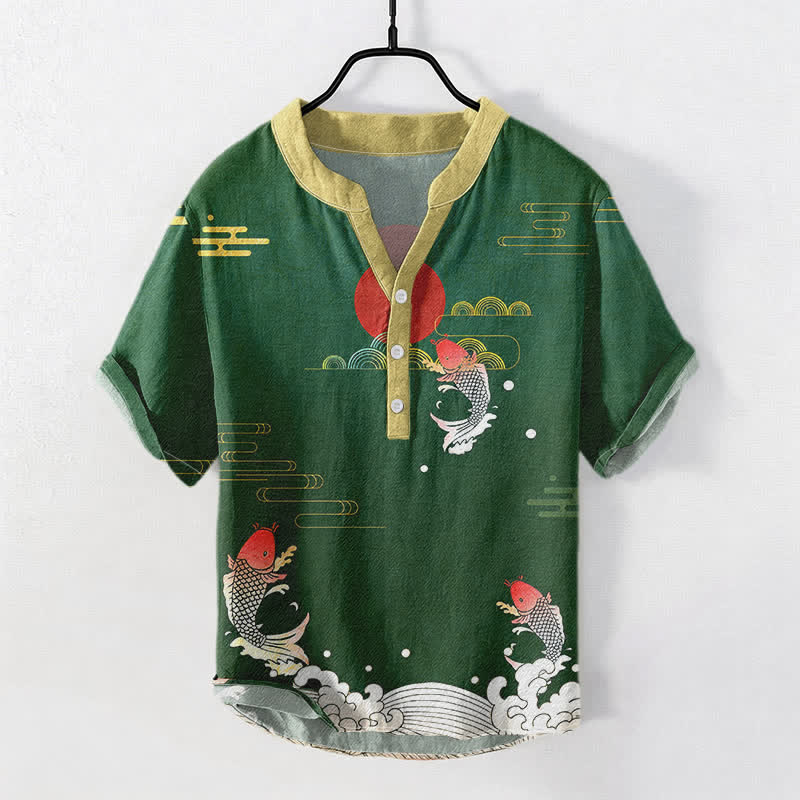 Buddha Stones Cotton Koi Fish Red Sun Cloud Emblem Men's Short Sleeve Half Button Shirt - DarkGreen - US/UK/AU50，EU60 (5XL) - image 3