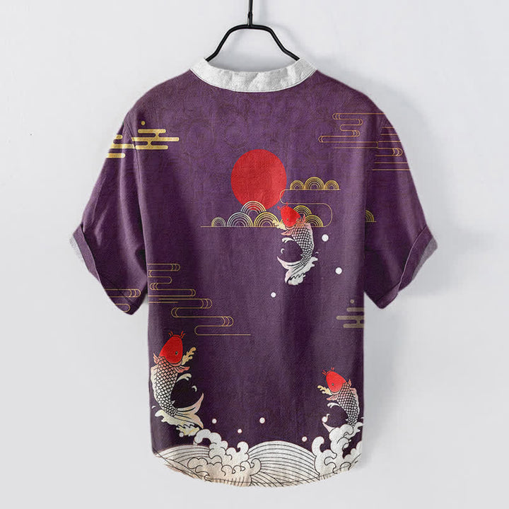Buddha Stones Cotton Koi Fish Red Sun Cloud Emblem Men's Short Sleeve Half Button Shirt - image 6