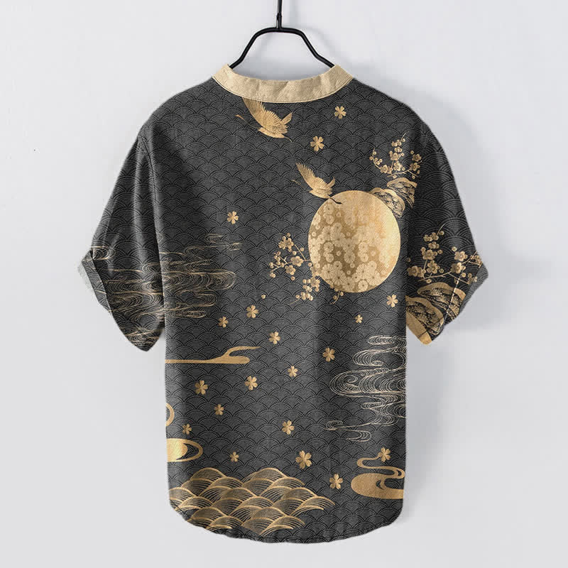 Buddha Stones Cotton Plum Blossom Full Moon Crane Emblem Men's Short Sleeve Half Button Shirt - image 6