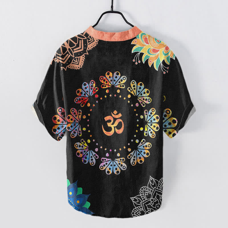 Buddha Stones Cotton Om Lotus Mandala Peacock Emblem Men's Short Sleeve Half Button Shirt - image 1
