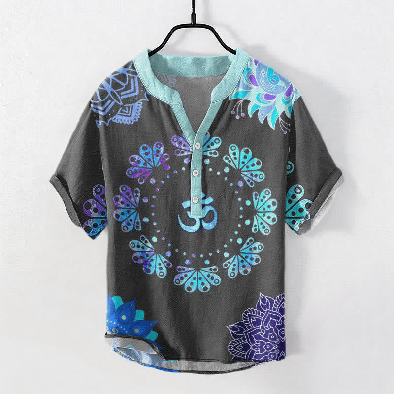 Buddha Stones Cotton Om Lotus Mandala Peacock Emblem Men's Short Sleeve Half Button Shirt - DimGray - US/UK/AU50，EU60 (5XL) - image 5