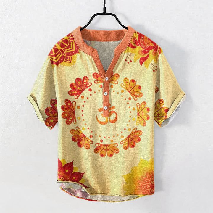 Buddha Stones Cotton Om Lotus Mandala Peacock Emblem Men's Short Sleeve Half Button Shirt - LightGoldenrodYellow - US/UK/AU50，EU60 (5XL) - image 7