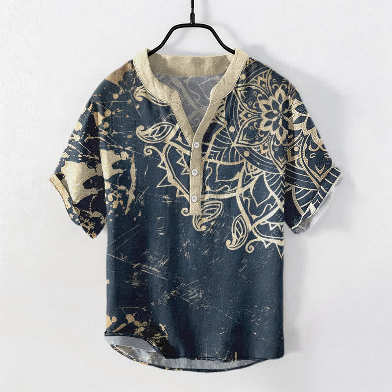 Buddha Stones Cotton Lotus Mandala Emblem Men's Short Sleeve Half Button Shirt - SteelBlue - US/UK/AU50，EU60 (5XL) - image 7