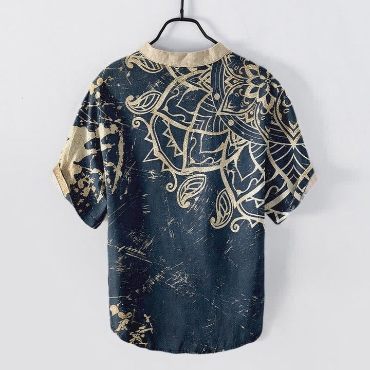 Buddha Stones Cotton Lotus Mandala Emblem Men's Short Sleeve Half Button Shirt - image 8
