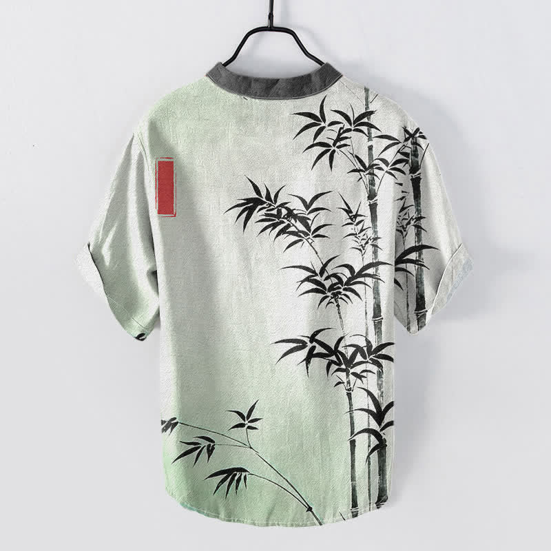 Buddha Stones Cotton Bamboo Emblem Men's Short Sleeve Half Button Shirt - image 1
