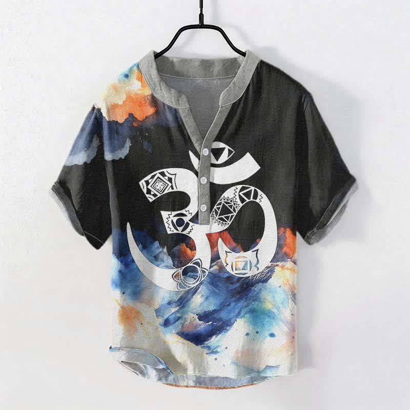 Buddha Stones Cotton Om Chakra Emblem Men's Short Sleeve Half Button Shirt - Black - US/UK/AU50，EU60 (5XL) - image 0