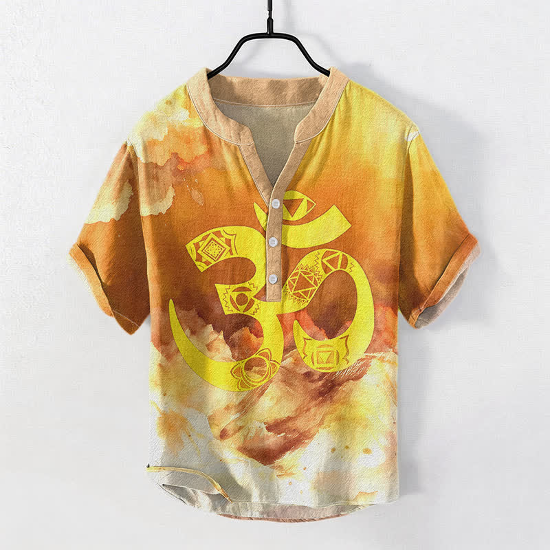 Buddha Stones Cotton Om Chakra Emblem Men's Short Sleeve Half Button Shirt - Orange - US/UK/AU50，EU60 (5XL) - image 3