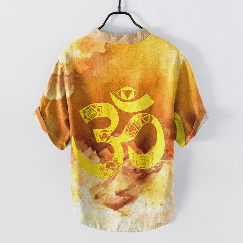 Buddha Stones Cotton Om Chakra Emblem Men's Short Sleeve Half Button Shirt - image 4