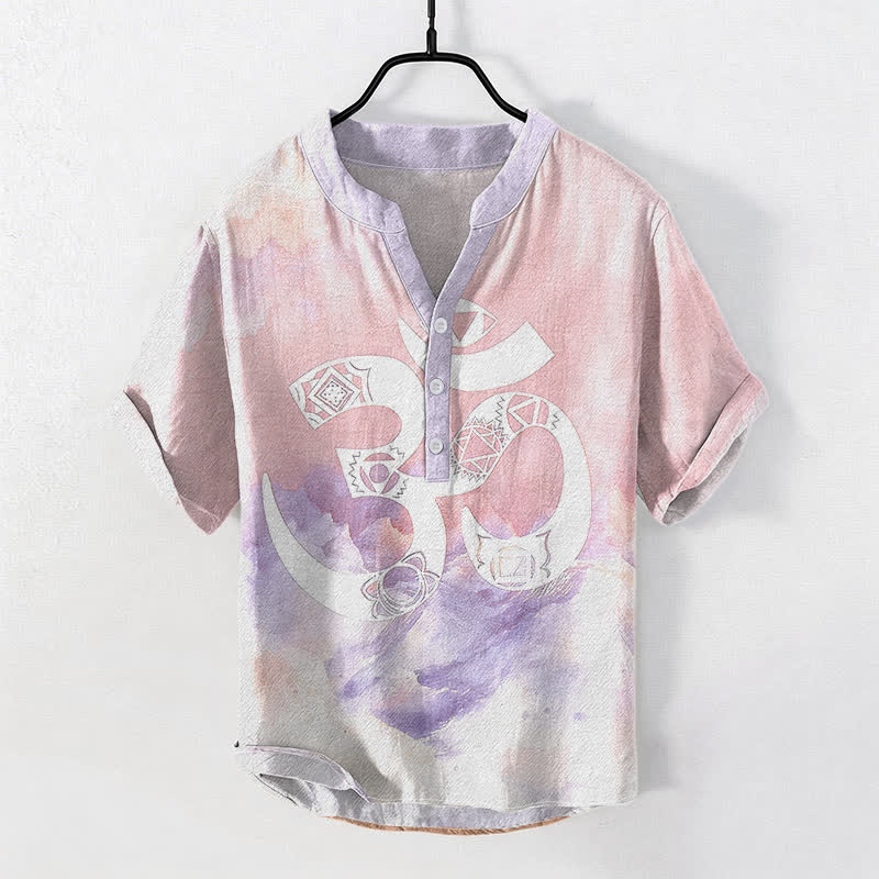 Buddha Stones Cotton Om Chakra Emblem Men's Short Sleeve Half Button Shirt - LightPink - US/UK/AU50，EU60 (5XL) - image 5
