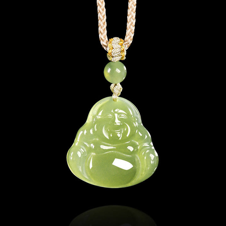 Buddha Stones Green Jade Laughing Buddha Prosperity Rope Necklace Pendant - Natural Jade(Color May Vary) - image 0