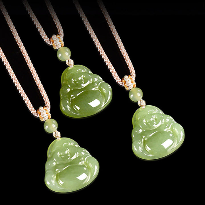 Buddha Stones Green Jade Laughing Buddha Prosperity Rope Necklace Pendant - image 4