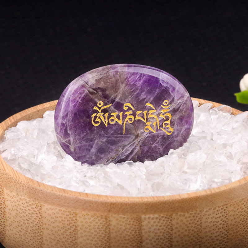 Buddha Stones Om Mani Padme Hum Amethyst Tiger Eye Palm Stone Crystal Decor 35*45mm - Natural Amethyst(Color May Vary) 35*45mm - image 0