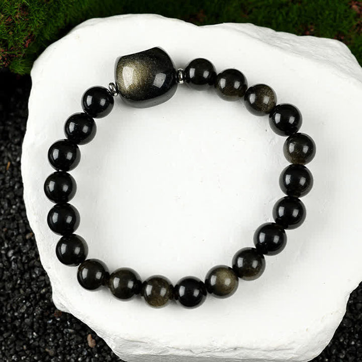 Buddha Stones Cute Cat Design Blue Lace Agate Clear Quartz  Beaded Bracelet - Gold Sheen Obsidian(Wrist Circumference 15–16cm) - image 24