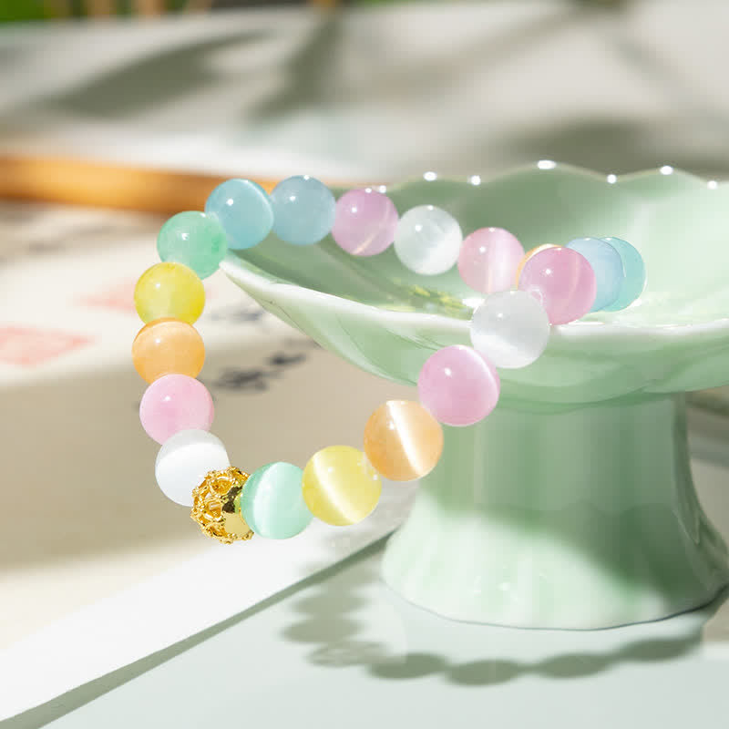 Buddha Stones Hollow Design Multicolor Cat's Eye Round Beads Positive Bracelet - image 2