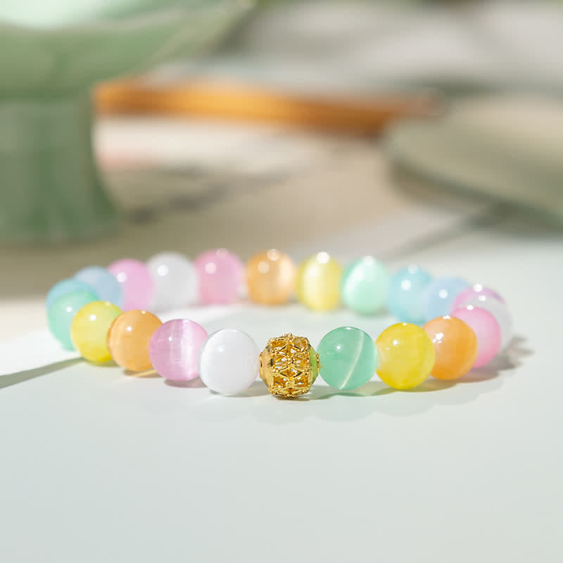 Buddha Stones Hollow Design Multicolor Cat's Eye Round Beads Positive Bracelet - Colorful Cat's Eye(Wrist Circumference 15–16cm) - image 0