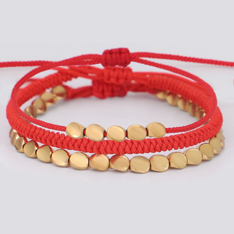 Buddha Stones 3Pcs Golden Copper Beads Red String Luck Bracelet - Red String(Wrist Circumference:16-26cm) - image 0