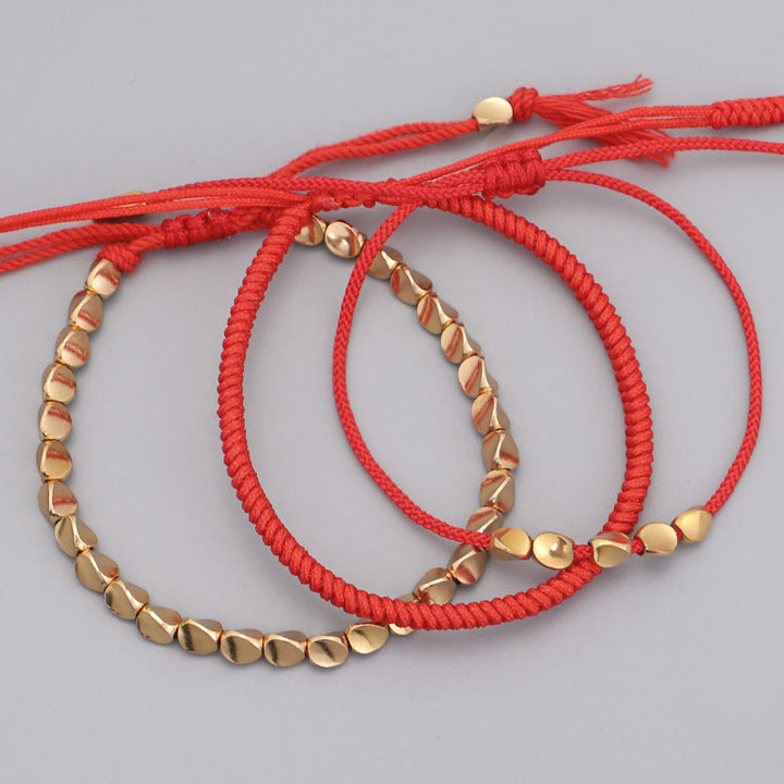 Buddha Stones 3Pcs Golden Copper Beads Red String Luck Bracelet - image 1