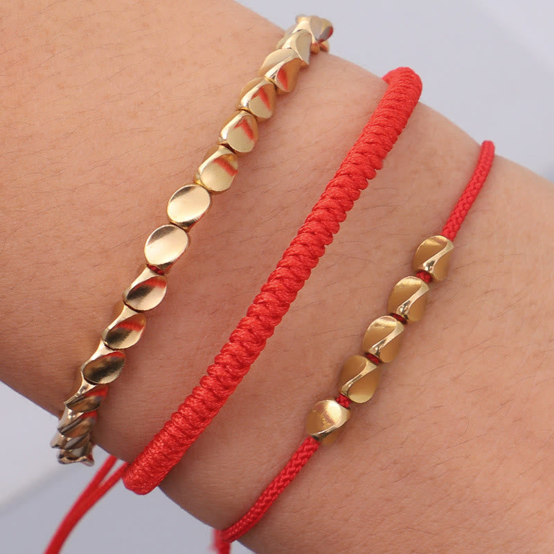 Buddha Stones 3Pcs Golden Copper Beads Red String Luck Bracelet - image 9