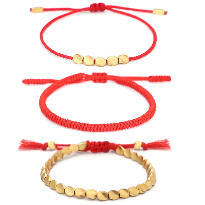 Buddha Stones 3Pcs Golden Copper Beads Red String Luck Bracelet - image 11