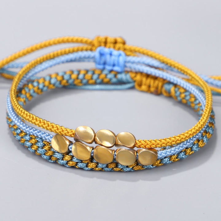 Buddha Stones 3Pcs Blue Yellow String Golden Copper Beads Healing Bracelet - String(Wrist Circumference:16-26cm) - image 0