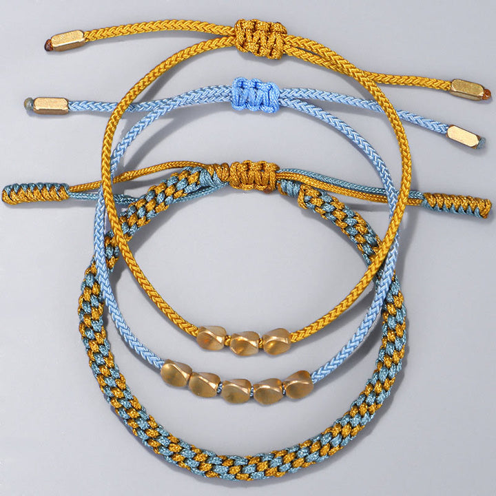 Buddha Stones 3Pcs Blue Yellow String Golden Copper Beads Healing Bracelet - image 9