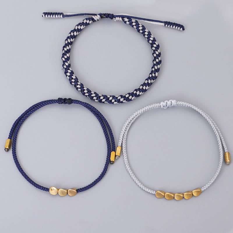 Buddha Stones 3Pcs Blue Gray String Golden Copper Beads Self Care Bracelet - image 9