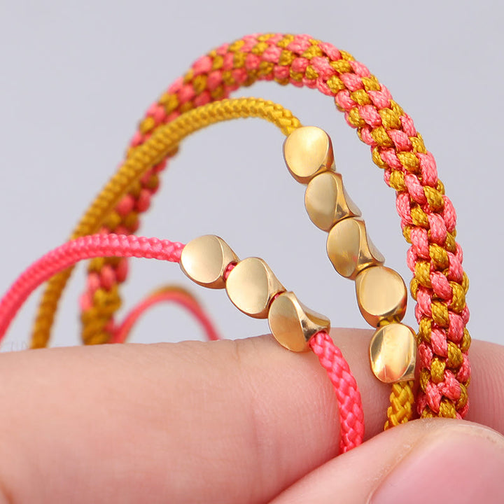 Buddha Stones 3Pcs Pink Yellow String Golden Copper Beads Wealth Bracelet - image 7