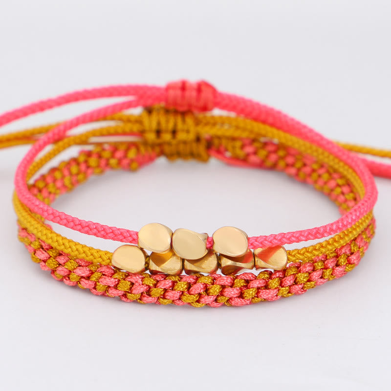 Buddha Stones 3Pcs Pink Yellow String Golden Copper Beads Wealth Bracelet - image 1