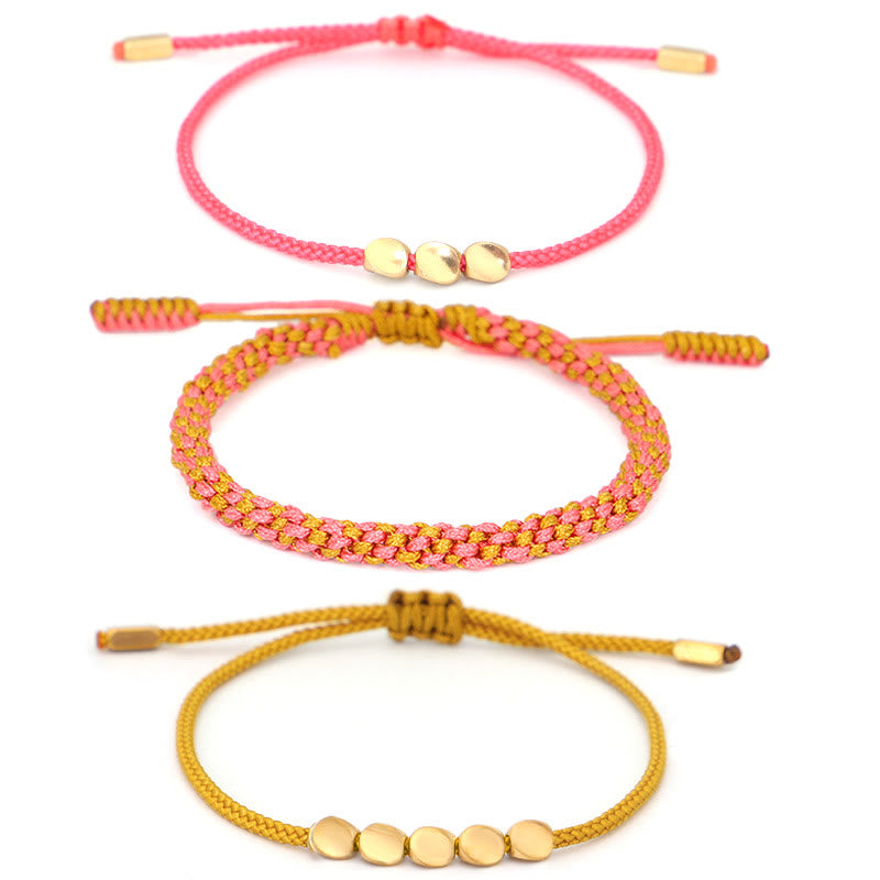 Buddha Stones 3Pcs Pink Yellow String Golden Copper Beads Wealth Bracelet - image 10