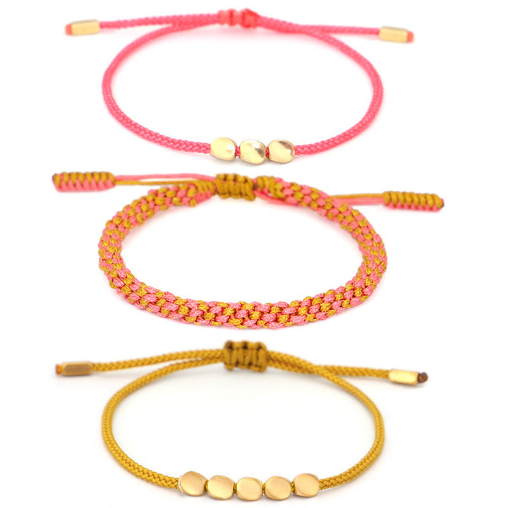 Buddha Stones 3Pcs Pink Yellow String Golden Copper Beads Wealth Bracelet - image 10